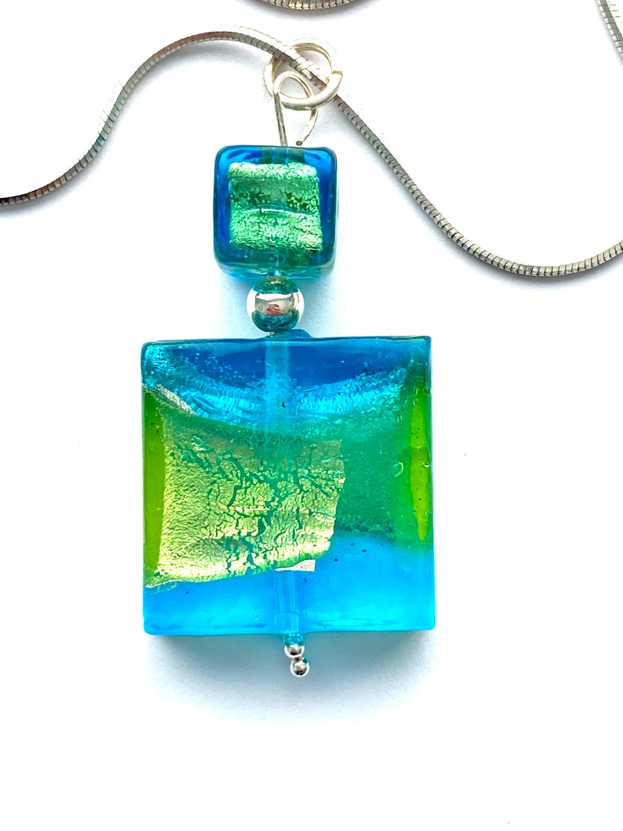 Murano glass blue and green spangle pendant with sterling silver.