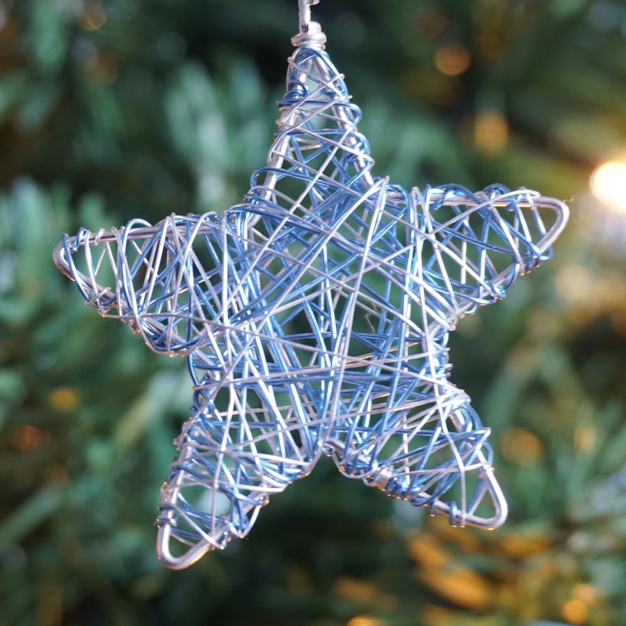 Set of Four Mini Scribble Star Christmas Decorations - Silver & Blue