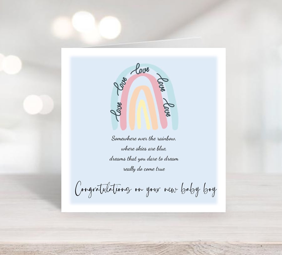 Watercolour Rainbow  New Baby Card  - Personalised New Baby Boy Card