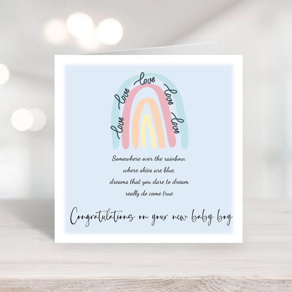 Watercolour Rainbow  New Baby Card  - Personalised New Baby Boy Card