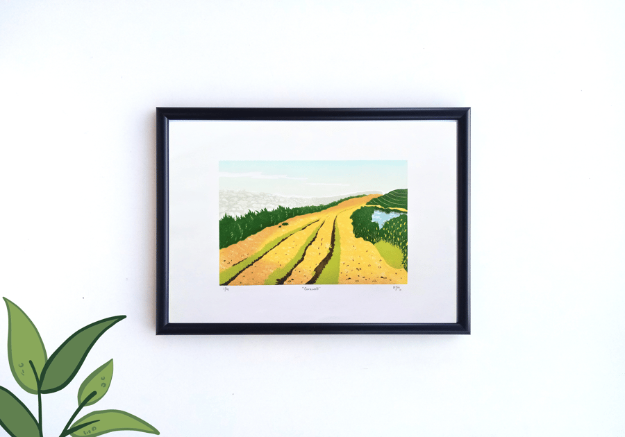 Handprinted Cornwall Linocut Landscape Pond Nature Outdoors Print Linoprint