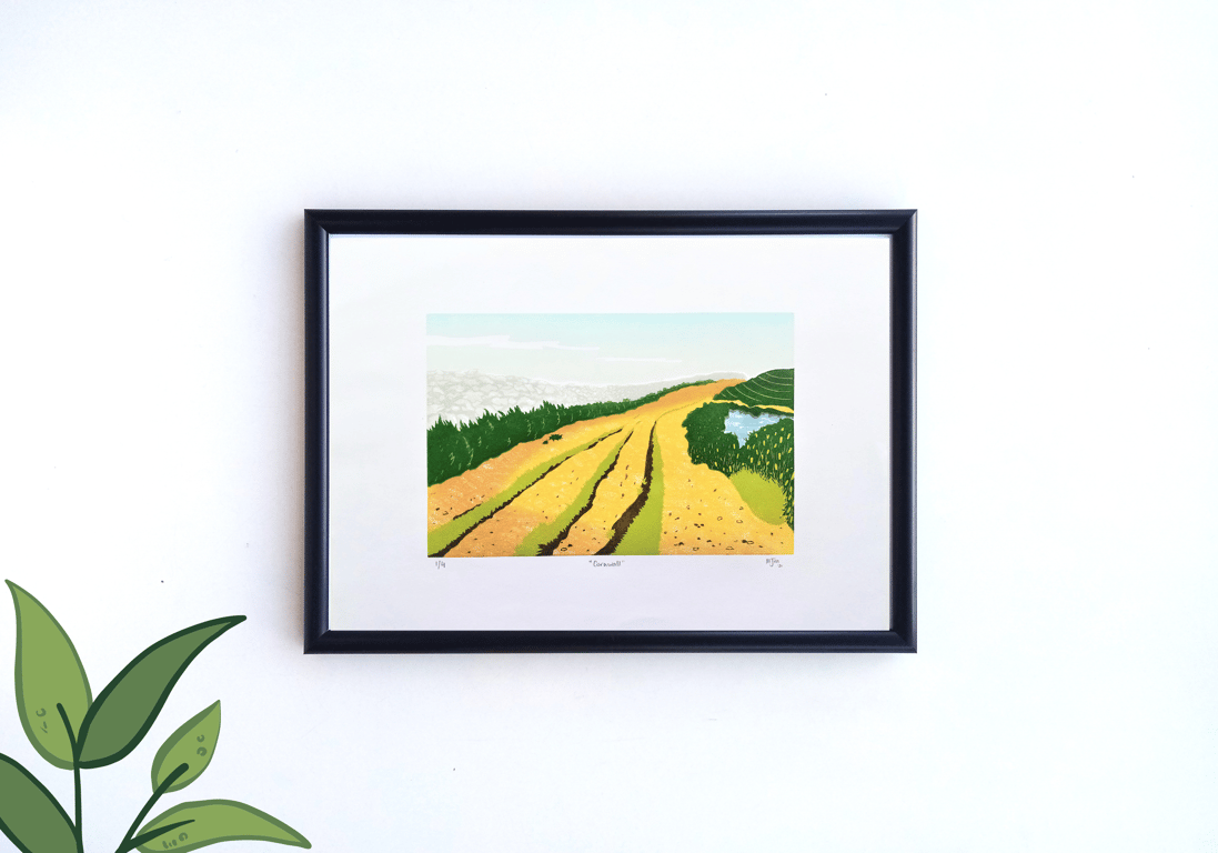 Handprinted Cornwall Linocut Landscape Pond Nature Outdoors Print Linoprint
