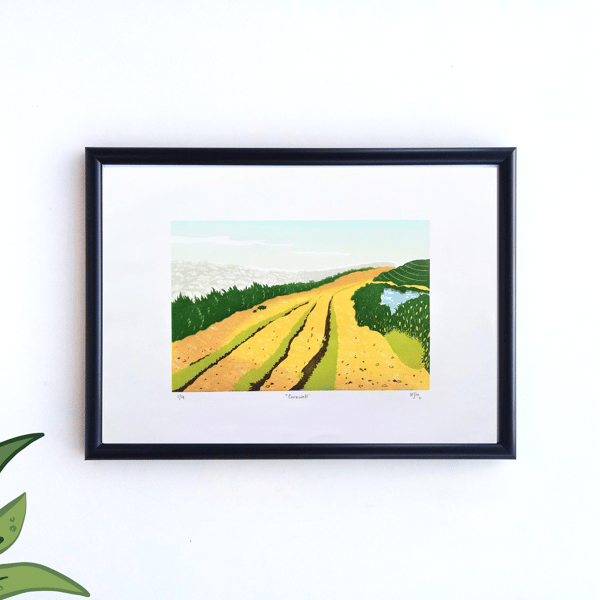 Handprinted Cornwall Linocut Landscape Pond Nature Outdoors Print Linoprint