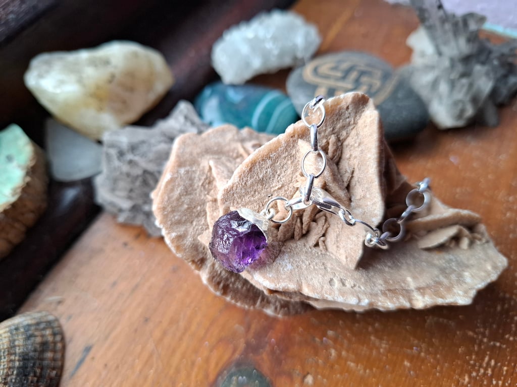 Raw Amethyst Crystal and Sterling Silver Bracelet - February Birthstone