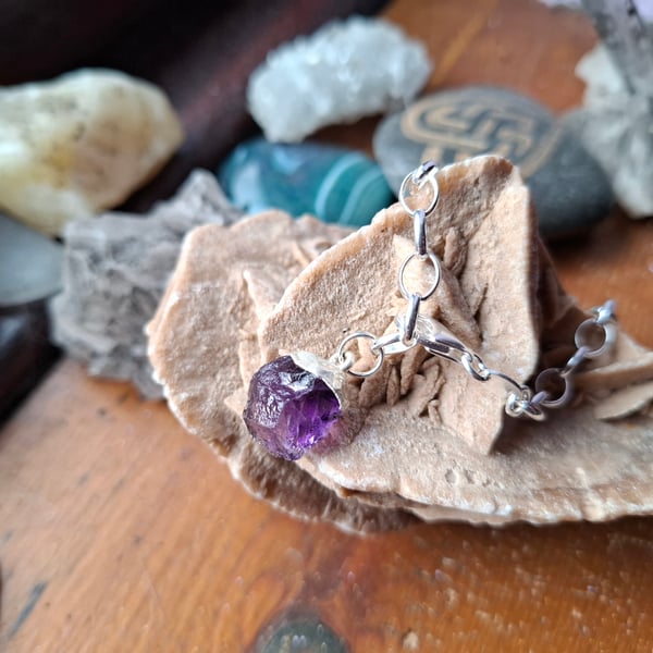 Raw Amethyst Crystal and Sterling Silver Bracelet - February Birthstone