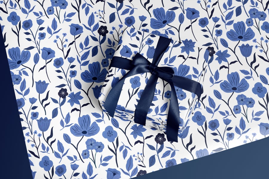 Blue and White Flowers Wrapping Paper FSC 50x70cm 3 Sheets or Roll