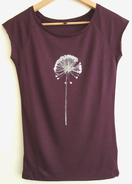 Allium womens bamboo T shirt aubergine with silver print size small