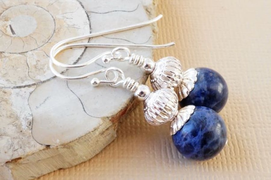 Denim blue sodalite and silver gemstone earrings