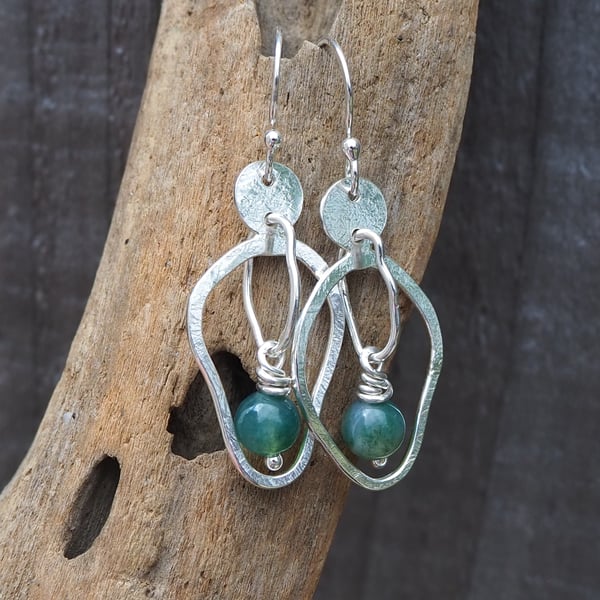 Silver and Green Moss Agate Mis-shaped Hoop Abstract Earrings, Mother Nature