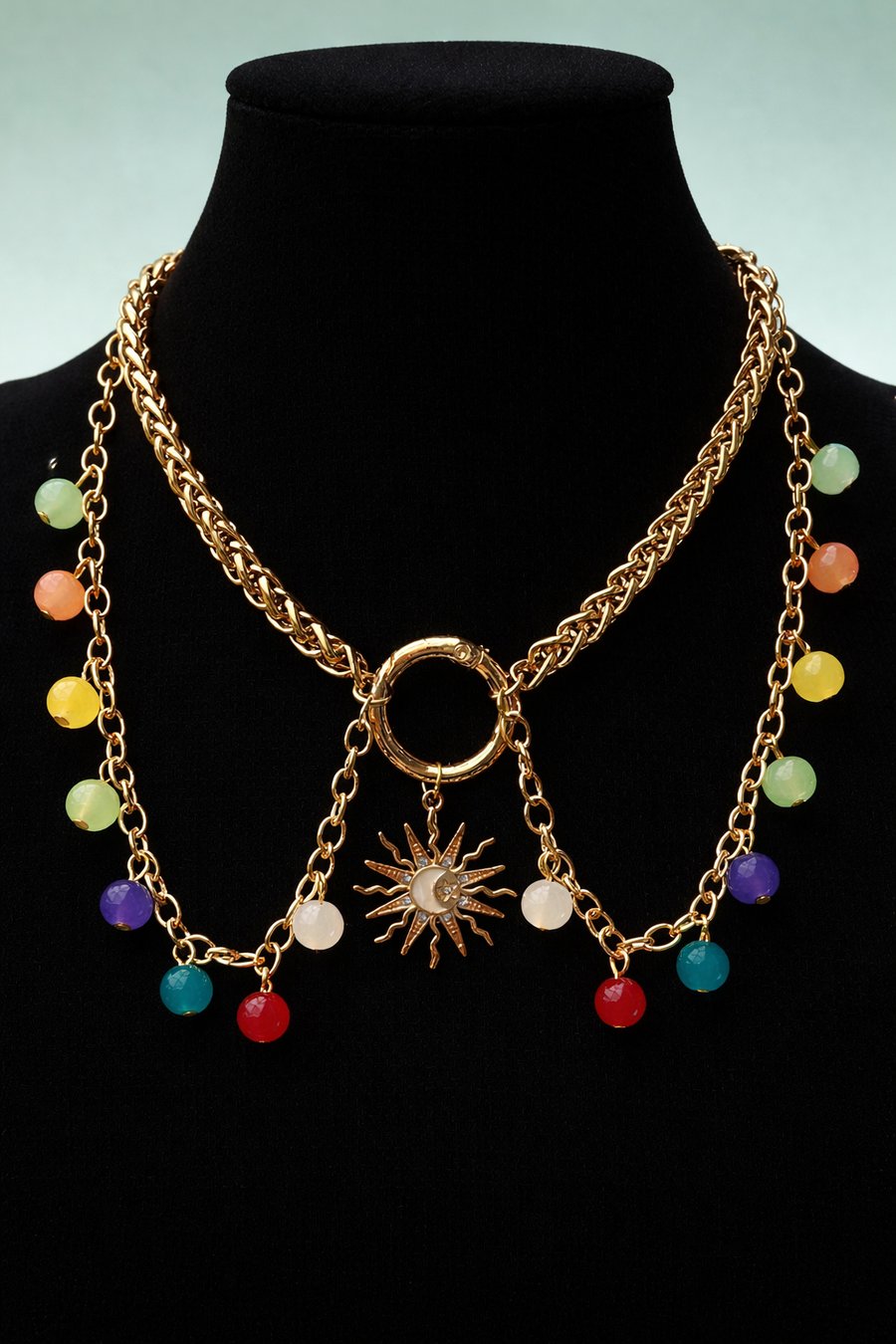 Boho beaded sun charm gold colour rainbow beaded choker necklace 