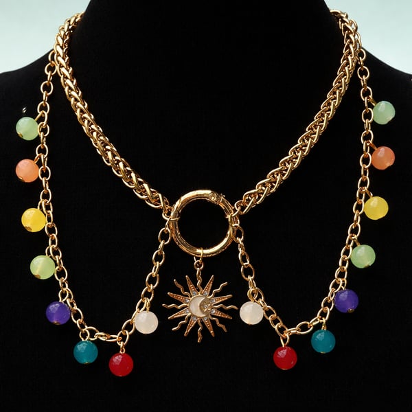 Boho beaded sun charm gold colour rainbow beaded choker necklace 