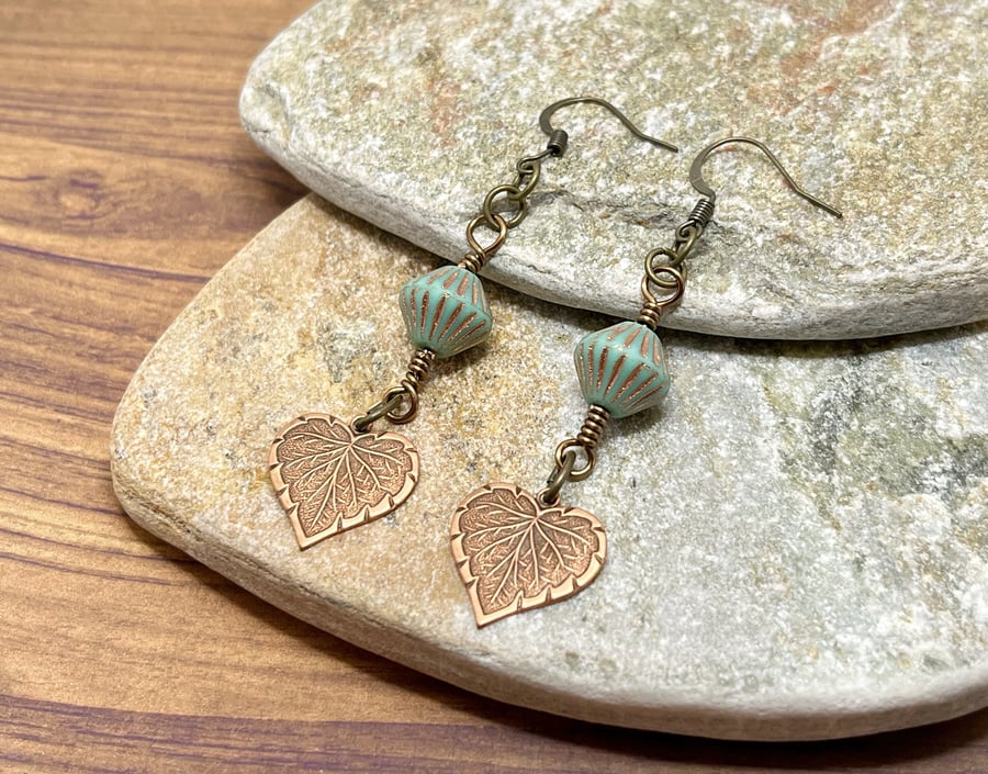 Bronze and turquoise beaded leaf earrings