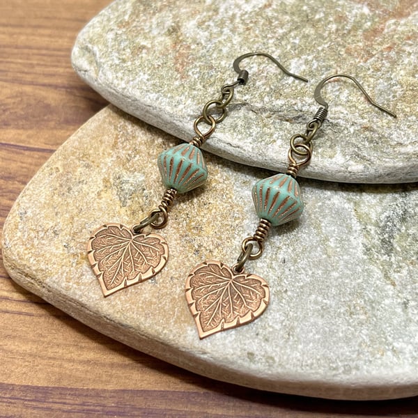 Bronze and turquoise beaded leaf earrings