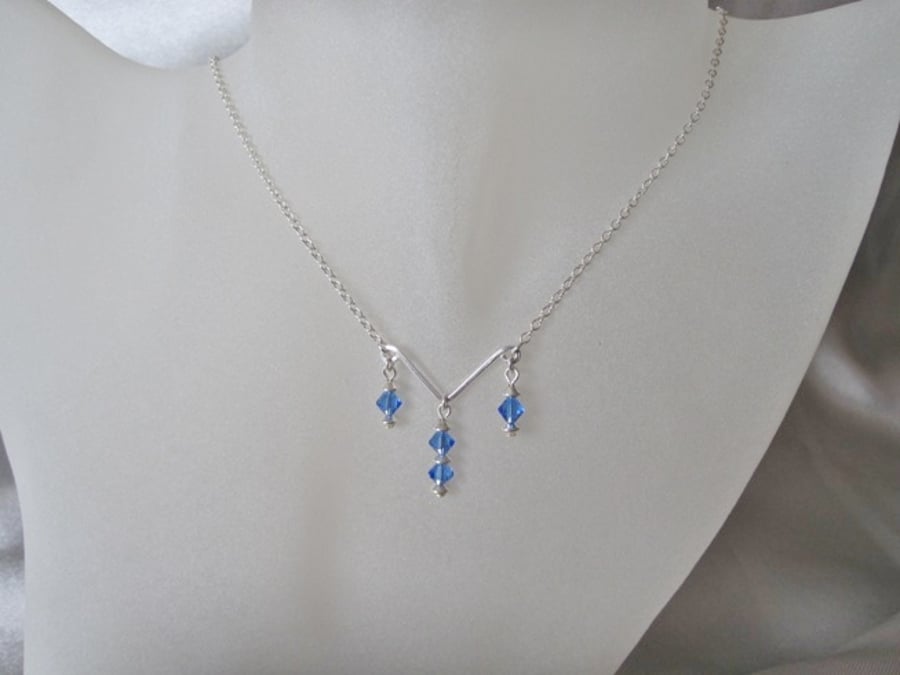 Sterling Silver Wave & Sparkly Blue Swarovski Crystals & Chain Necklace