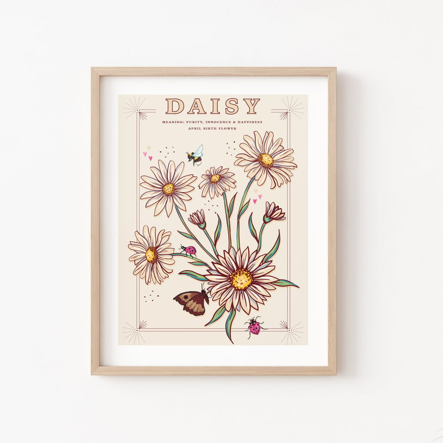 Daisy, April Birth Flower, Language of Flowers Illustration Print