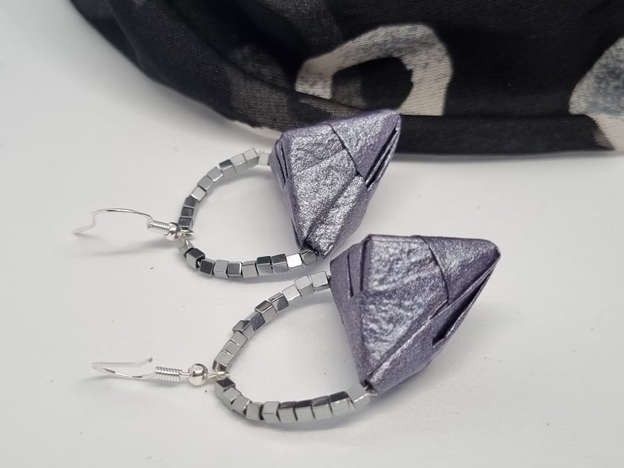 Origami pearlescent paper earrings dark purple with tiny hematite beads 