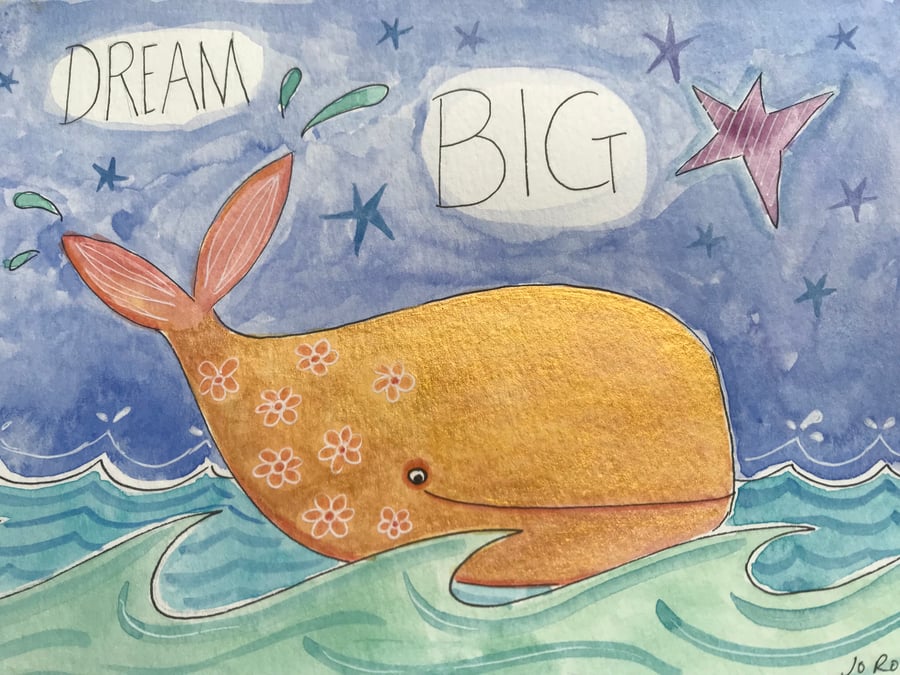 Original Painting dream big gold whale Jo Roper