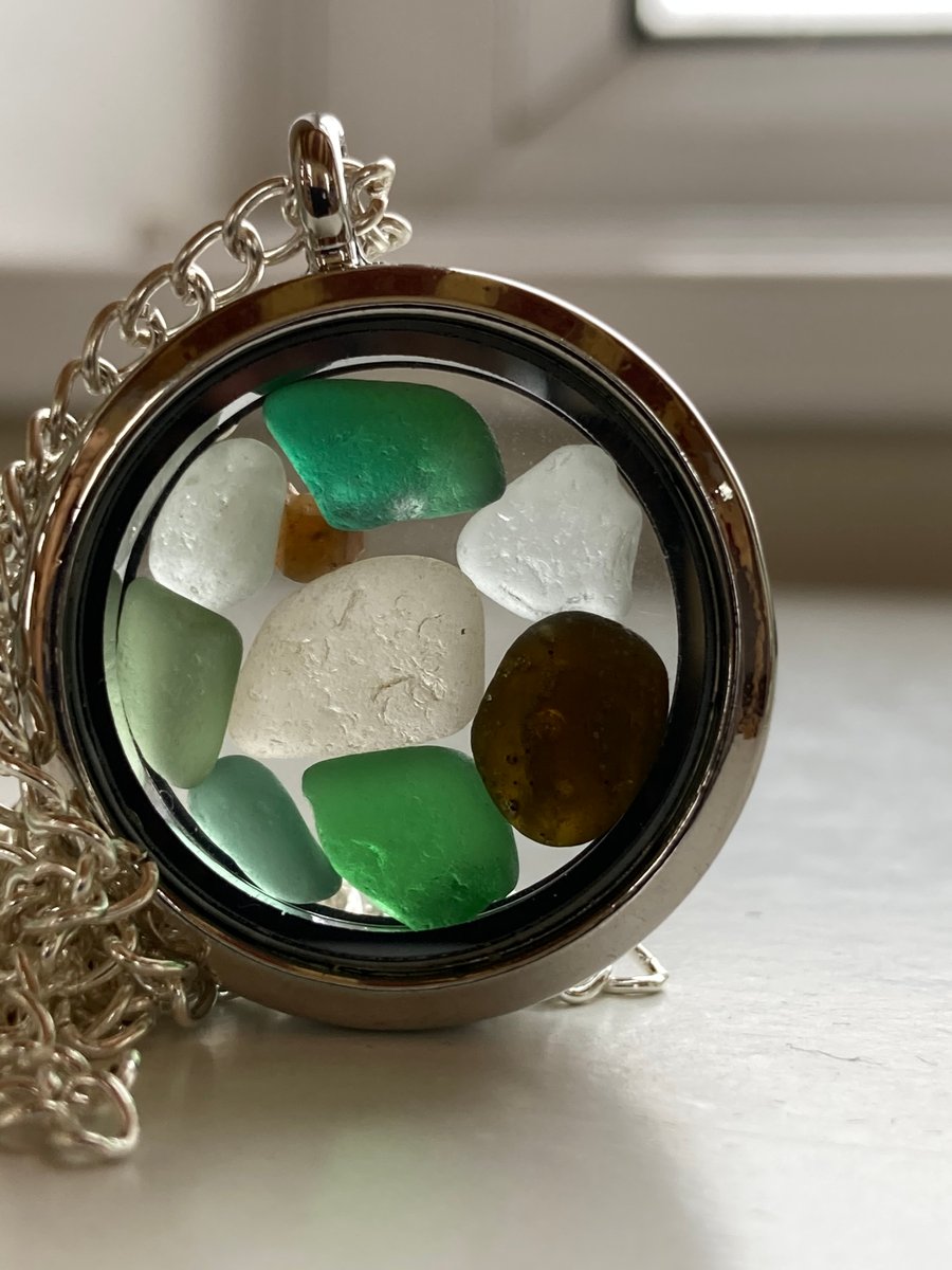 Seaglass filled locket and 22inch silver plate chain, (purple locket 1)