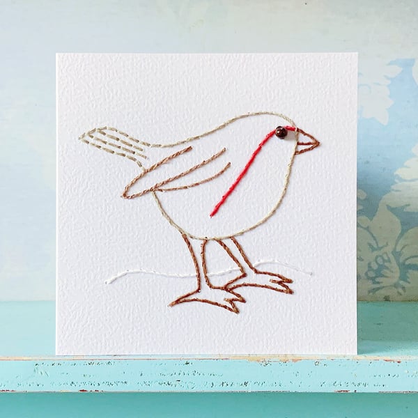 Hand Stitched Robin Card. Christmas Card. Embroidered Card. Robins.