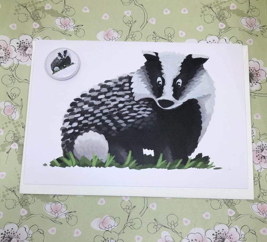 Badger Blank Greeting Card and Mini Badge or Magnet Set