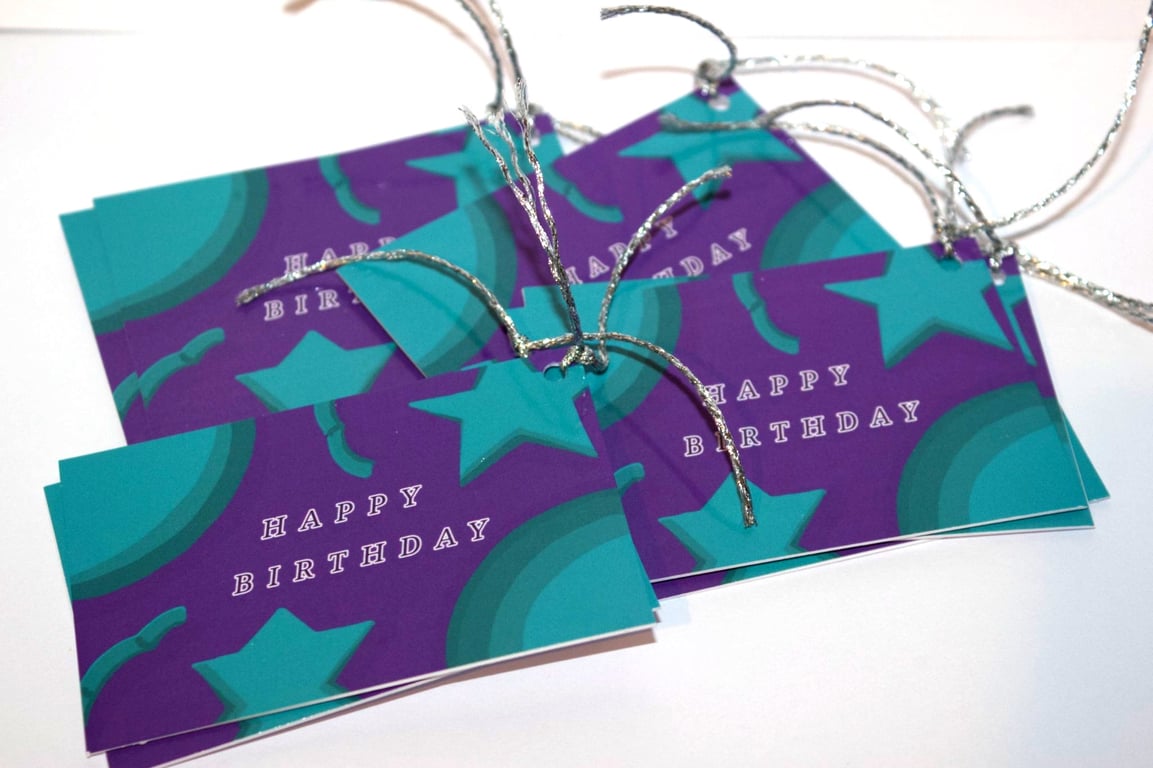 9 Happy Birthday Celebration shapes gift tags, purple,blue, gift wrapping 
