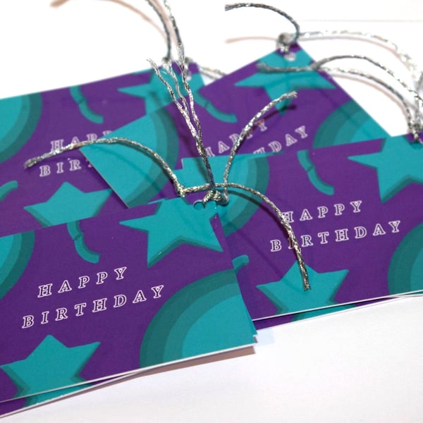 9 Happy Birthday Celebration shapes gift tags, purple,blue, gift wrapping 