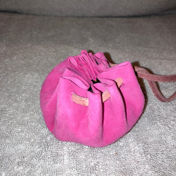 Pink coloured suede leather drawstring dice bag - coin pouch