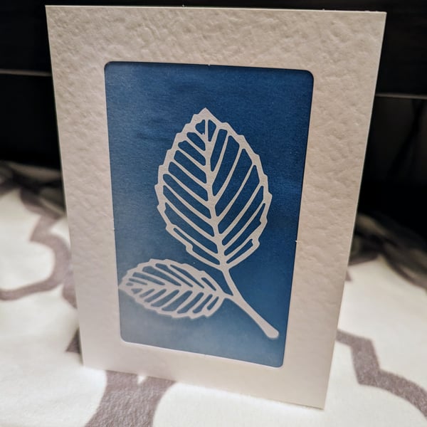 Leaf Nature Cyanotype Print Card Blue White Framed Hammered Effect Small
