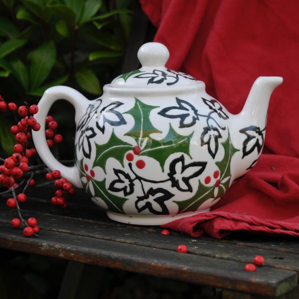 Christmas Holly and Ivy Teapot - Hand Painted - SALE - Perfectly Imperfect