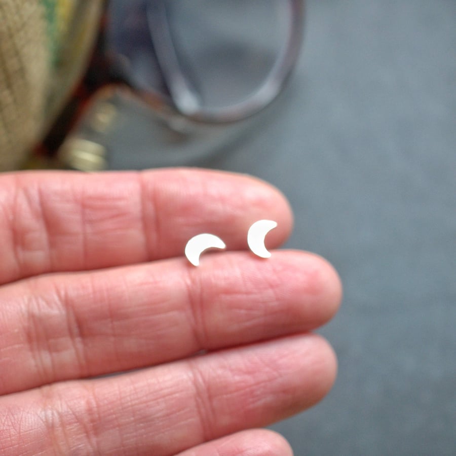 Seconds Sunday Tiny Silver Crescent Moon Stud Earrings