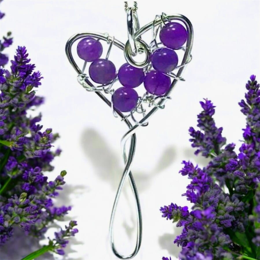 Amethyst heart pendant wire wrapped