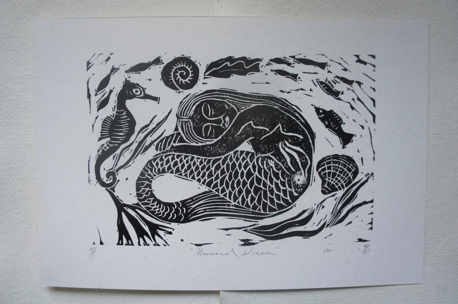 Perfectly Imperfect Linocut Print Mermaid 2
