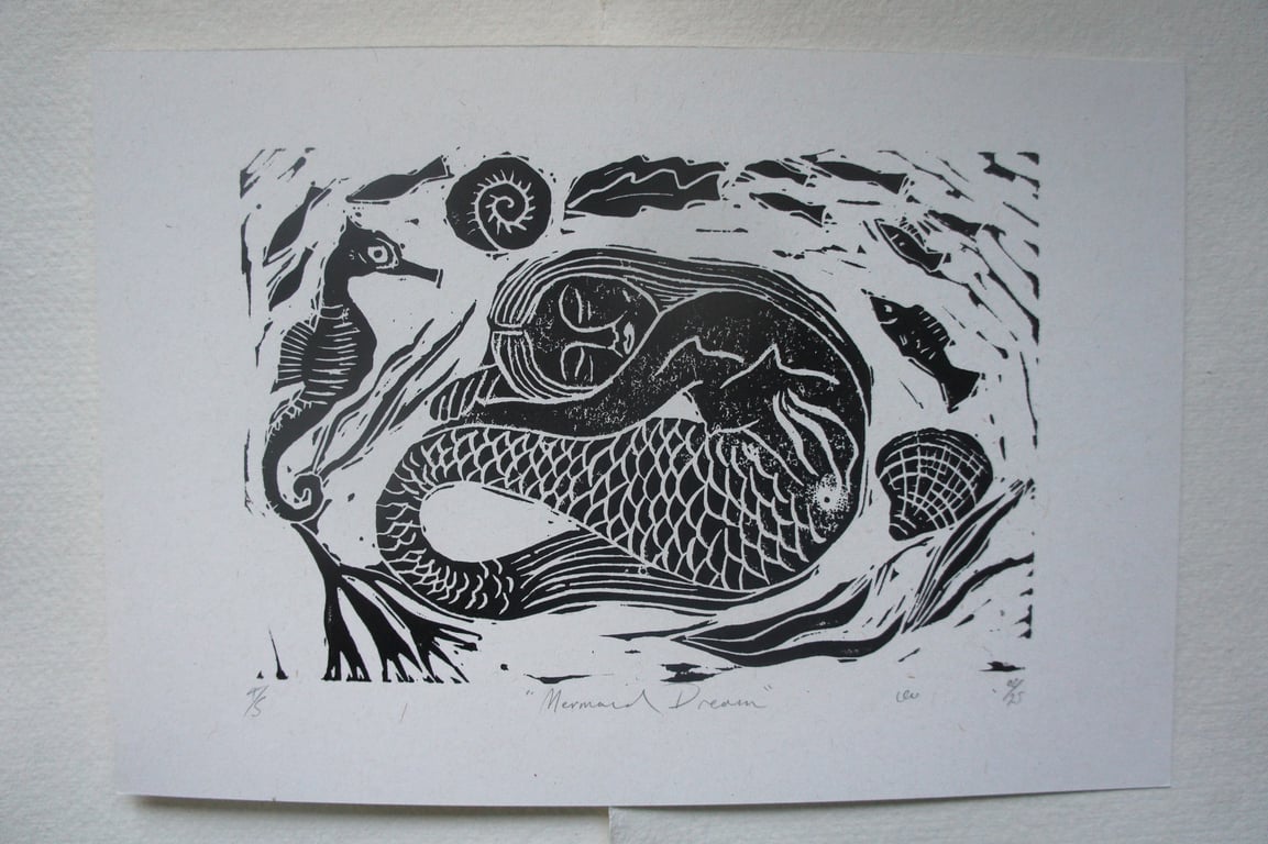 Perfectly Imperfect Linocut Print Mermaid 2