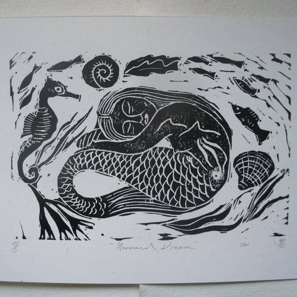 Perfectly Imperfect Linocut Print Mermaid 2