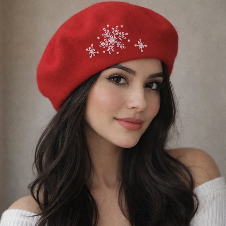 100% Wool Beret hand embroidered with a White Snowflake 
