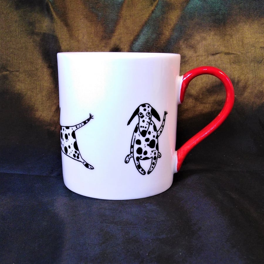 Dalmatian spotty dog mug hand decorated with a happy Dalmatians.