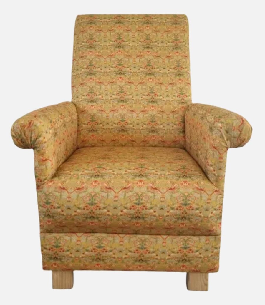 Adult Armchair William Morris Strawberry Thief Ochre Fabric Chair Mustard Gold 