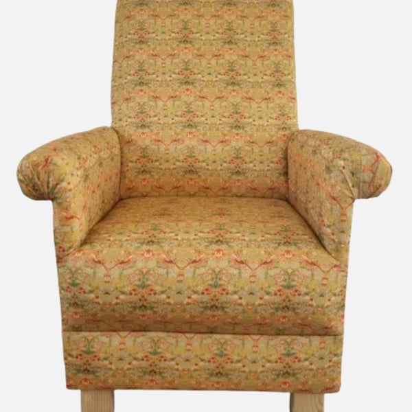 Adult Armchair William Morris Strawberry Thief Ochre Fabric Chair Mustard Gold 
