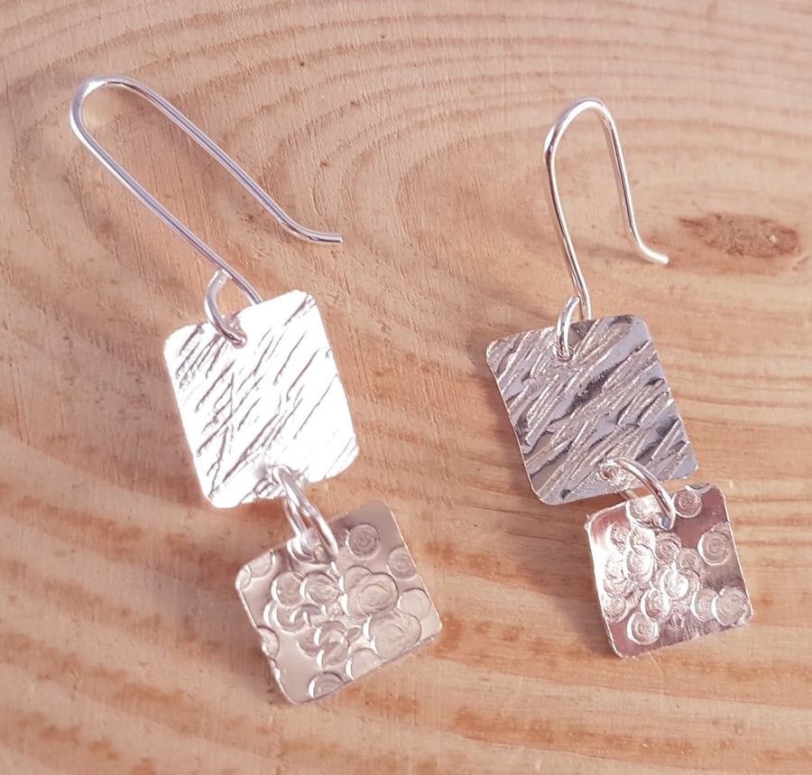 Sterling Silver Double Textured Squares Drop Dangle Earrings