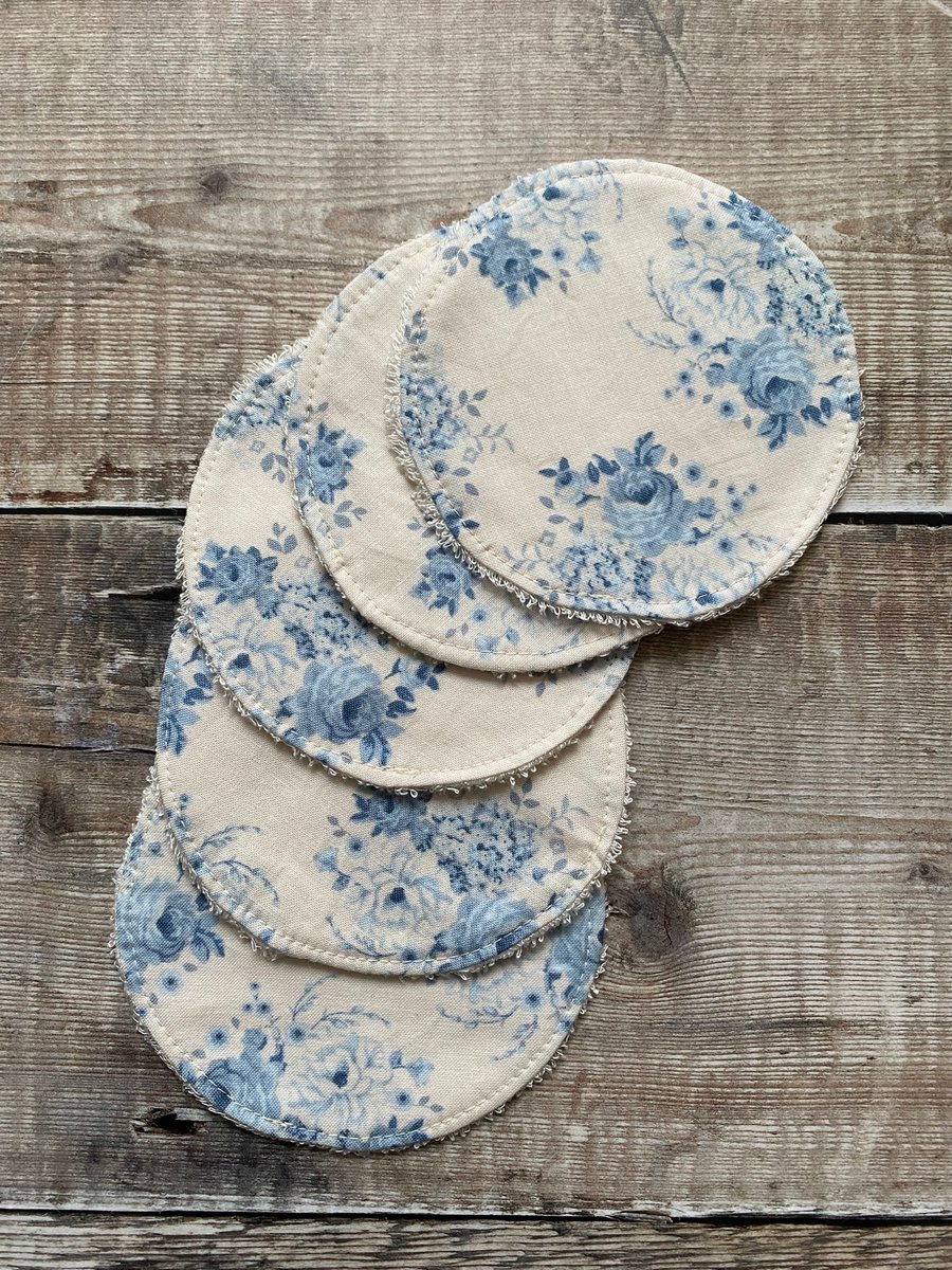 Make Up Remover Facial Rounds Pads Cotton Bamboo Cream Pale Blue Flowers x5