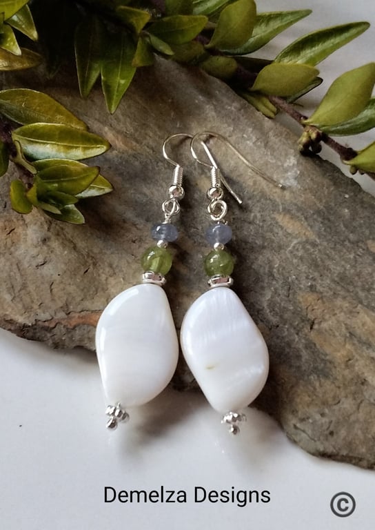 Mother of Pearl,  Tanzanite & Peridot Earrings Silver Plate