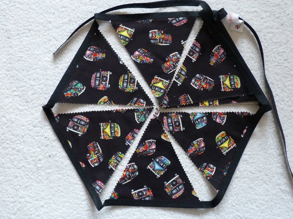 Black VW Camper Lined Bunting. 3.5 m in length and 12 flags. Cream  Backing.