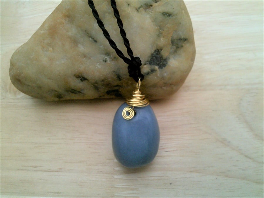 Blue Angelite Gemstone Pendant Necklace, Blue Wire Wrapped Gemstone Jewellery