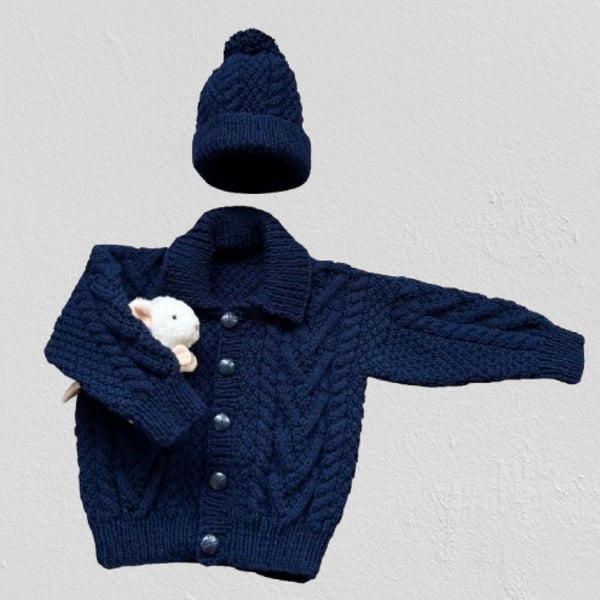 Hand Knitted Wool Blend Cardigan with Matching Beanie Hat-Fits Age 3-4 years