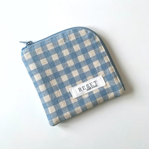 Blue check pattern fabric zipper bag, coin purse, pouch bag, wallet, cardholder