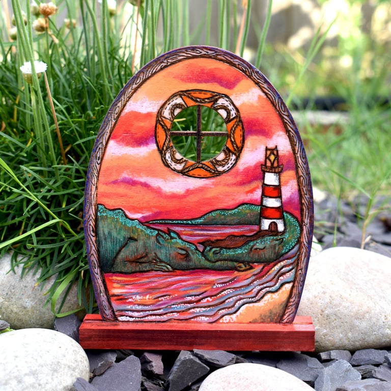 Pyrography Lighthouse Guardian Dragons Portal Fairy Door. 