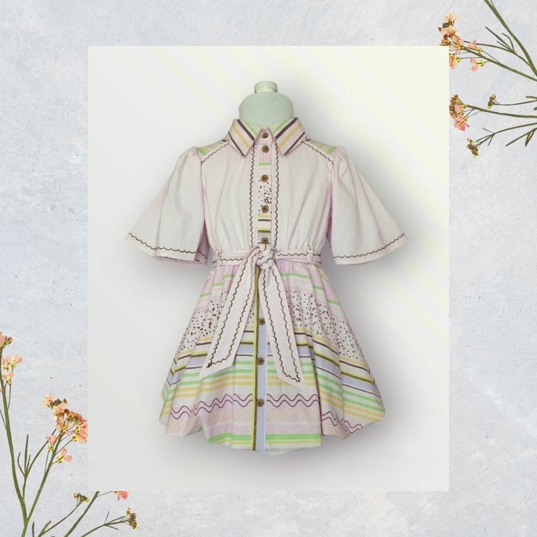 Pink Candy Stripe Embroidered Puffball Shirt Dress. Age 4-5yrs. G17