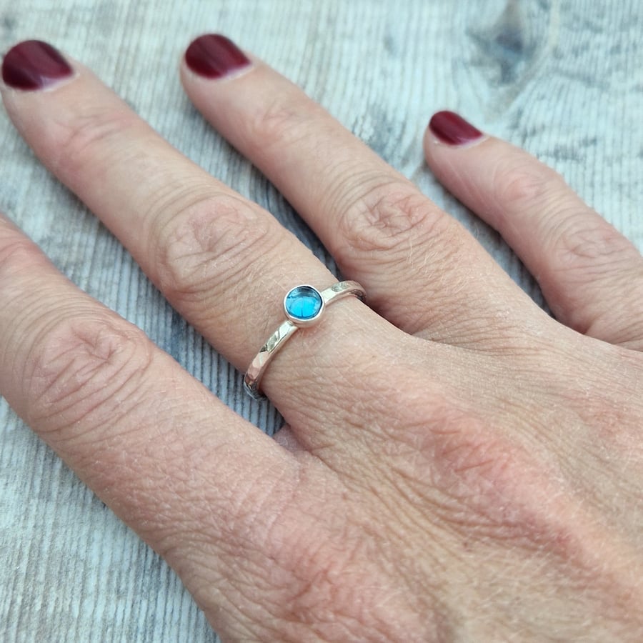 Sterling Silver Hammered Ring with Blue Topaz Gemstone - UK Size P