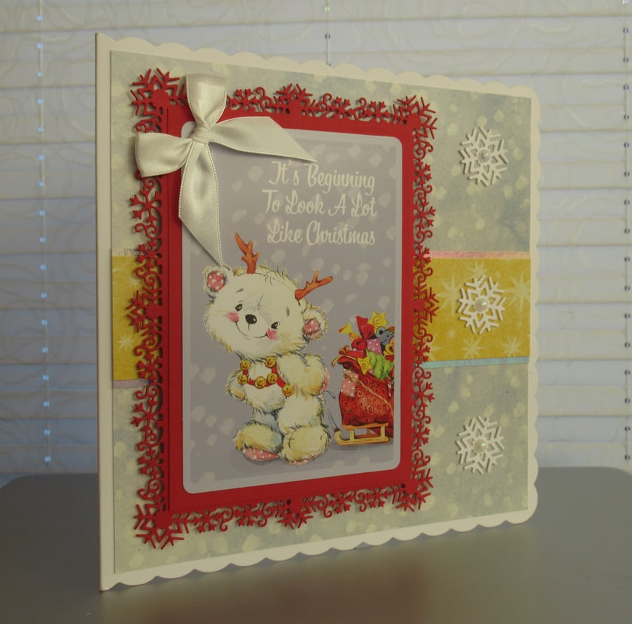 White Bear With Sleigh - 20cm square card