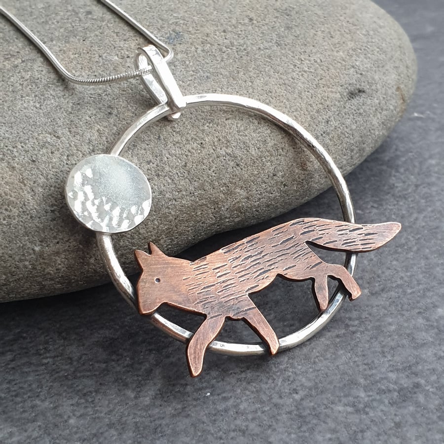 Silver and copper fox pendant, Gift for animal lover